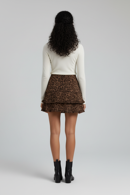 Jupe Léopard Suede À Volants Chic