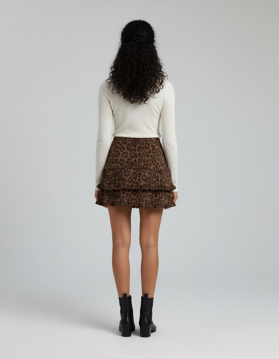 Jupe Léopard Suede À Volants Chic