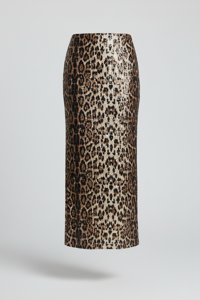Jupe Léopard Pailletée Droite Chic